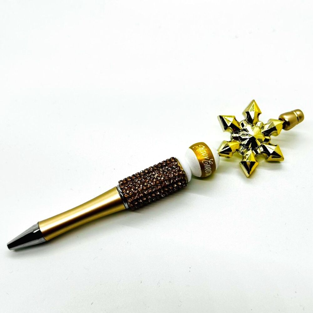 Unique Handmade Merry Christmas Gold Brown Crystal Snowflake Beaded Pen
